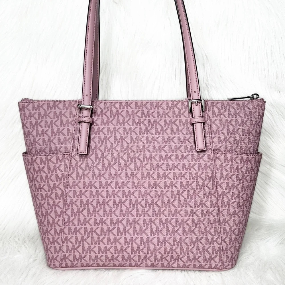 SOLD-Michael Kors Pink MK Logo Zip Top Shoulder Jet Set East West Tote Bag Med - Picture 5 of 9